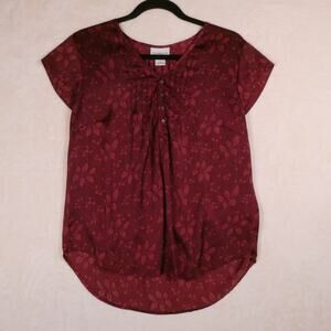 Liz Claiborne Berry Red Pintuck Top Size M Silky Floral Blouse Dark Academia
